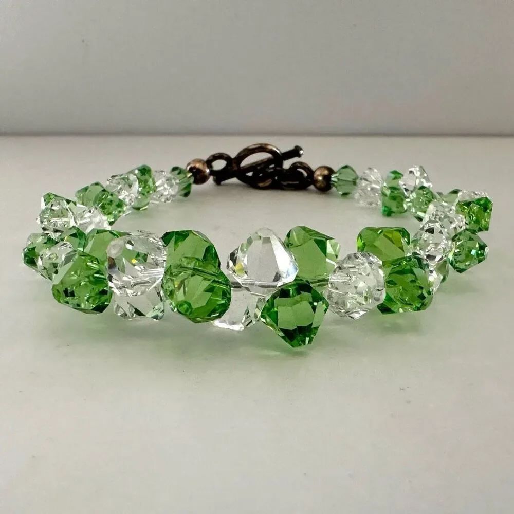 Clear and green Austrian crystal sterling silver bracelet